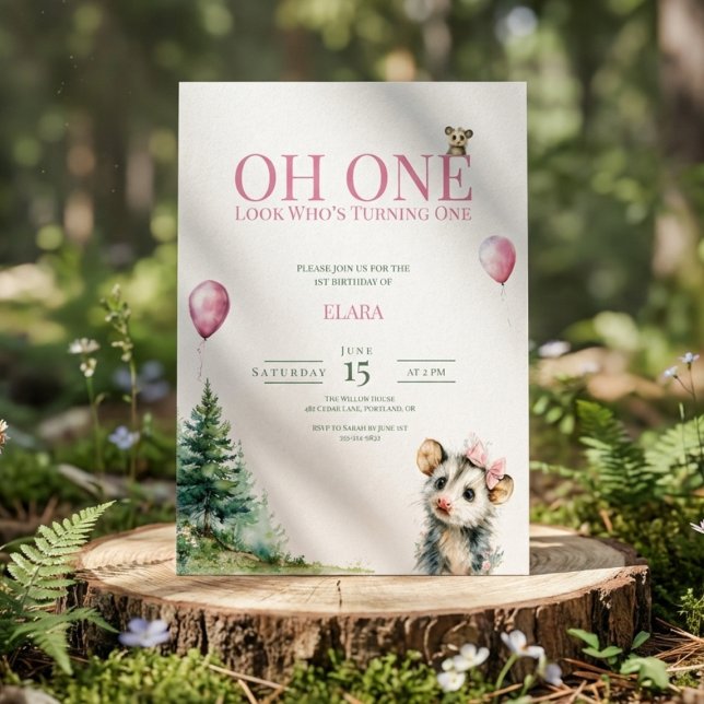 Invitation Anniversaire Opossum • Oh Un 1er Annive (Watercolor birthday invitation with opossum and pine trees)