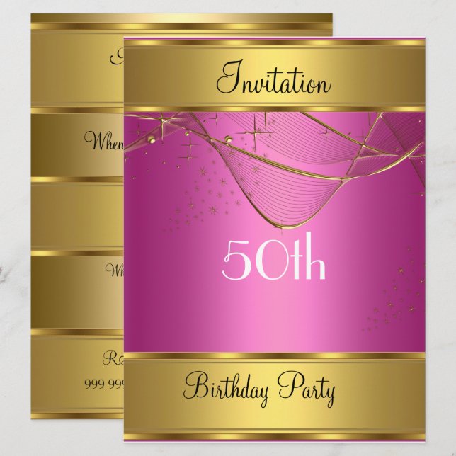 Invitation Anniversaire Or 50e Anniversaire Rose (Devant / Derrière)