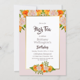 Invitation Anniversaire Or Blush Rose Orange Floral Haut Thé