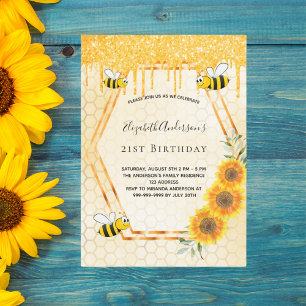 Invitation Anniversaire or bumble abeilles tournesol parties