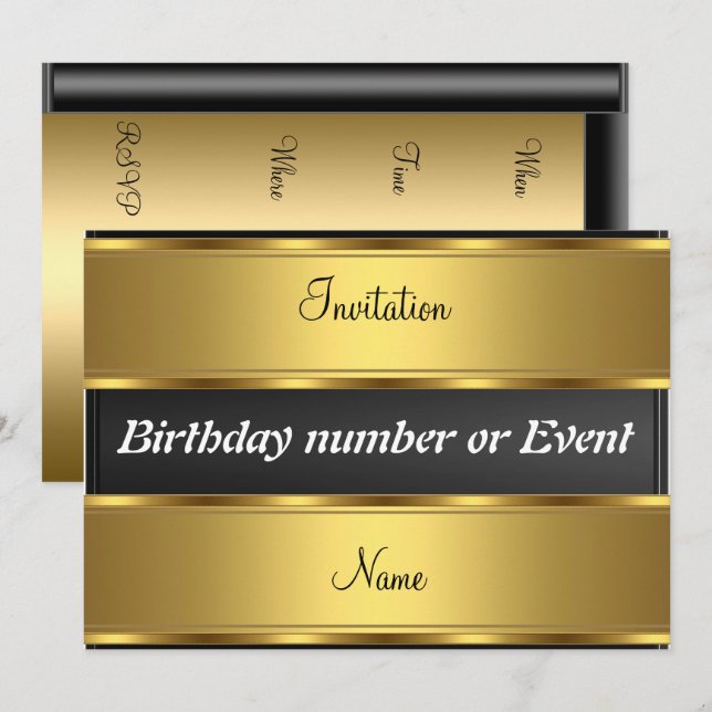 Invitation Anniversaire Or et Noir (Devant / Derrière)