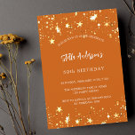 Invitation Anniversaire orange or étoiles luxe moderne<br><div class="desc">Un arrière - plan orange brûlé décoré d'étoiles dorées. Personnalisez et ajoutez un nom et des détails du parti. Le nom est écrit avec un script de style écrit à la main,  des lettres de couleur blanche.</div>