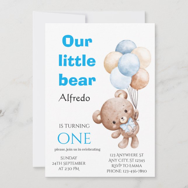Invitation anniversaire ours ballon (Devant)