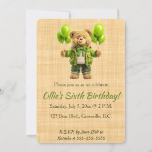 Invitation Anniversaire Ours Editable Avec Ballons Verts