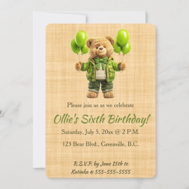Invitation Anniversaire Ours Editable Avec Ballons Verts (Devant)