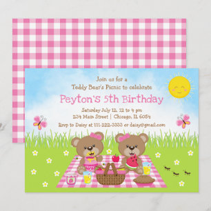 Invitation Anniversaire Ours en Peluche Pique-Nique à Carreau
