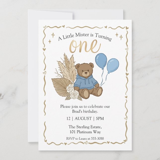 Invitation Anniversaire ourson marron boho ballons bleus (Devant)