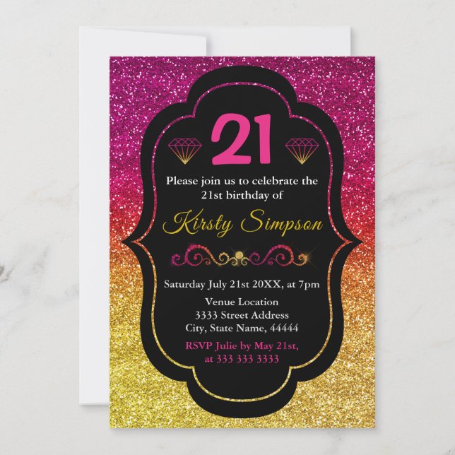 Invitation Anniversaire Pailleté avec Dégradé Rose et Jaune (Devant)