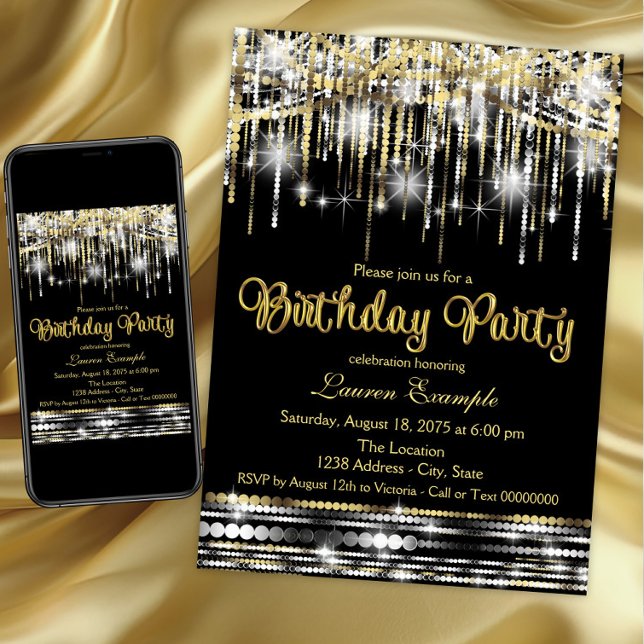 Invitation Anniversaire Pailleté Noir et Or Glamour (Beautiful any number birthday party invitation. Instant download and printed invitations available.)