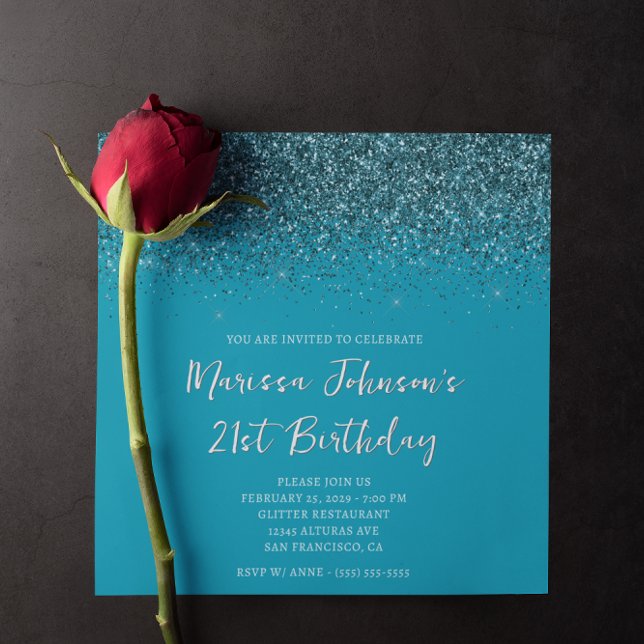 Invitation Anniversaire pailleté sarcelle foncé azur 21 ans (Sparkly Dark Teal Glitter Azure 21st Birthday Invitation)