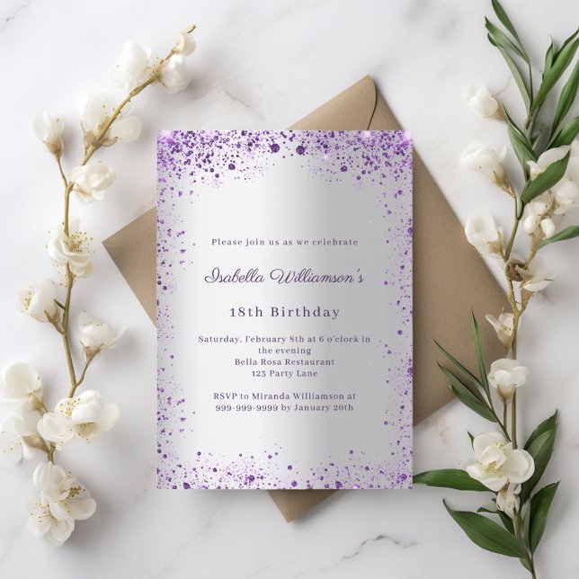 Invitation Anniversaire paillettes argent violet (Créateur téléchargé)