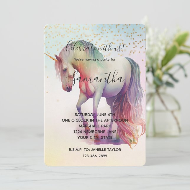 Invitation Anniversaire Paillettes Confetti Or Licorne (Debout devant)