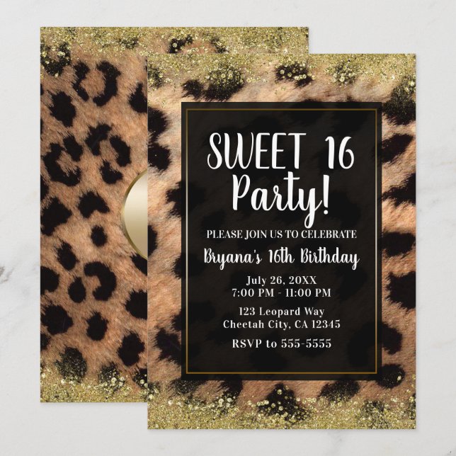 Invitation Anniversaire Paillettes Dorées Imprimé Guépard Léo (Devant / Derrière)