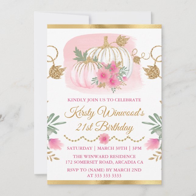 Invitation Anniversaire Paillettes Or Citrouille Rose Aquarel (Devant)