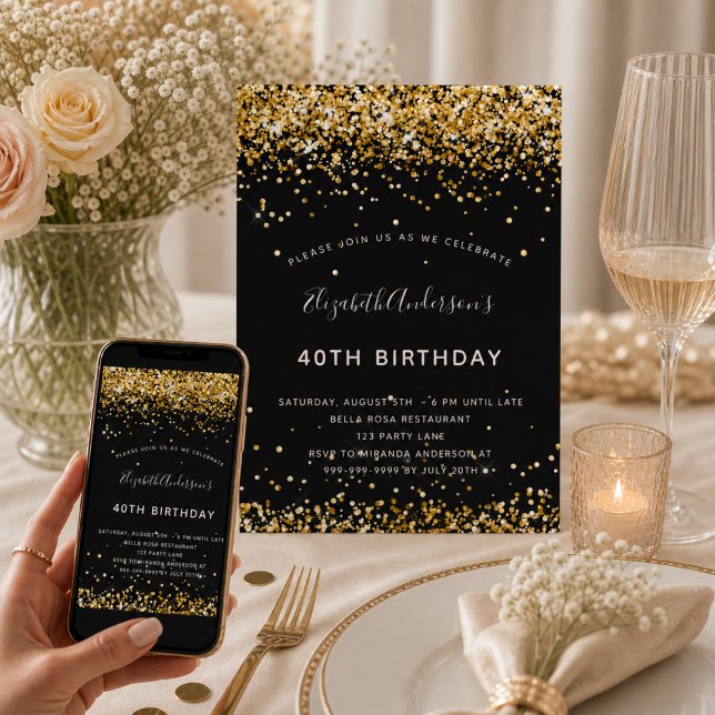 Invitation Anniversaire paillettes or noir (Créateur téléchargé)