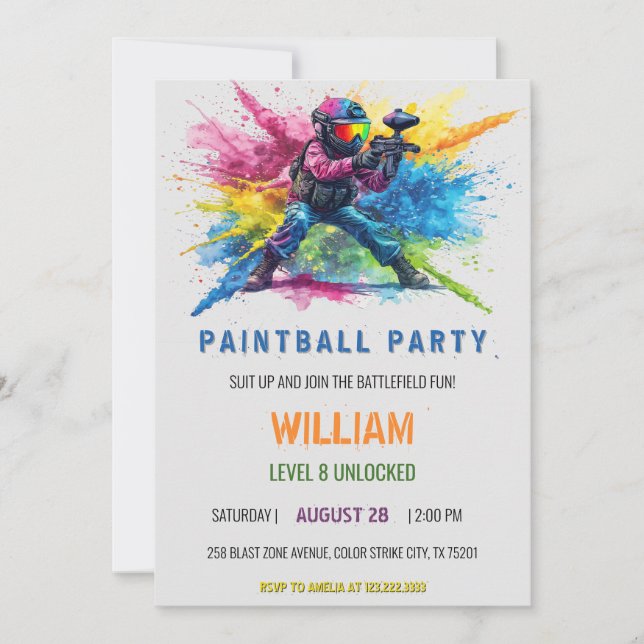 Invitation Anniversaire Paintball Gouche Colorée (Devant)