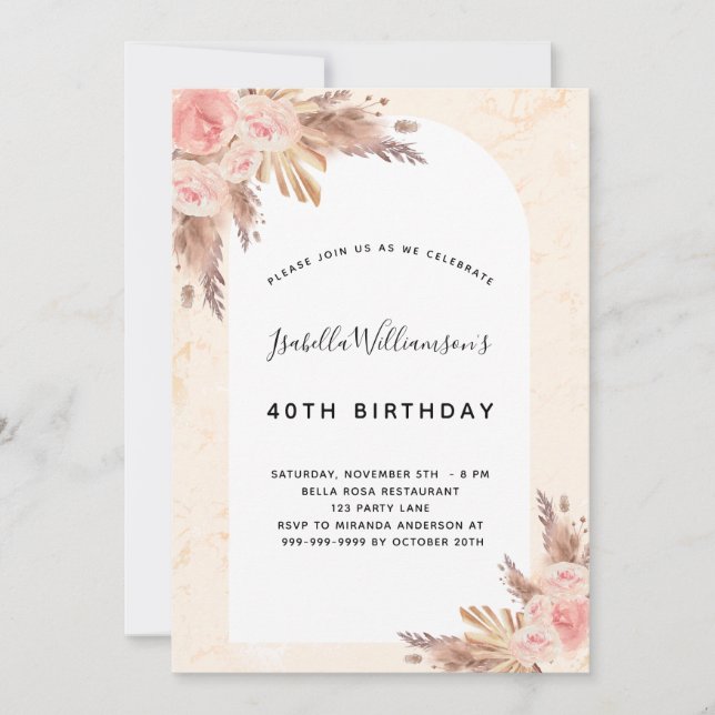 Invitation Anniversaire pampas herbe rose or rose rousse (Devant)