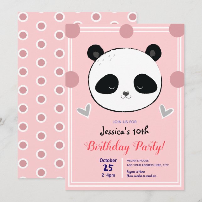 Invitation Anniversaire Panda Face et Pois roses (Devant / Derrière)