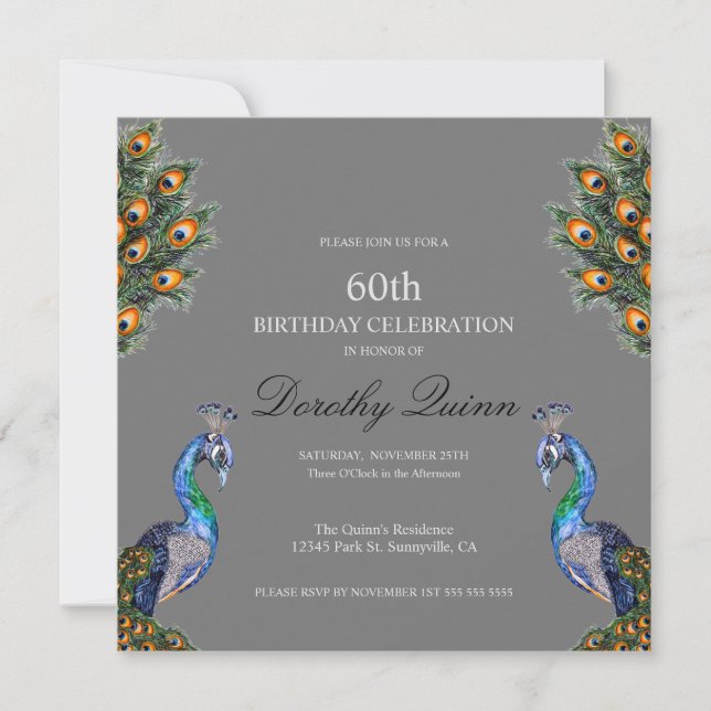 Invitation Anniversaire Paon à l'aquarelle élégante (Devant)