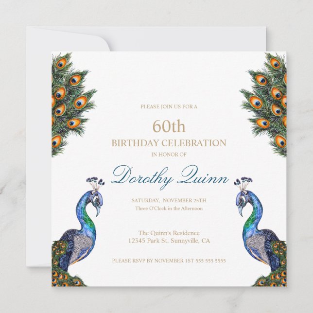 Invitation Anniversaire Paon Aquarelle Élégant (Devant)