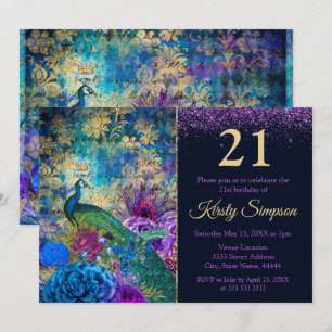 Invitation Anniversaire Paon et Fleurs Illustrés Antique