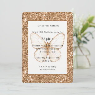 Invitation Anniversaire Papillon Blanc Paillettes Faux Or