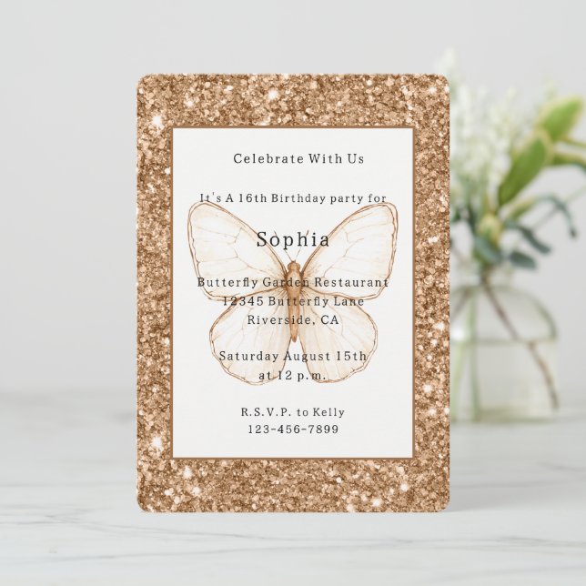 Invitation Anniversaire Papillon Blanc Paillettes Faux Or (Debout devant)