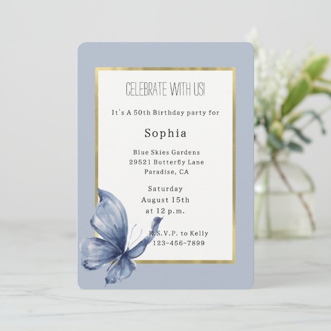 Invitation Anniversaire Papillon Bleu (Debout devant)