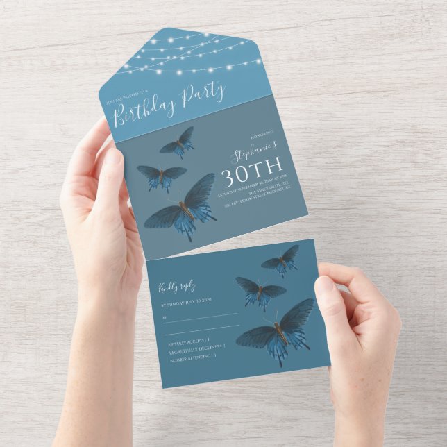 Invitation Anniversaire Papillon Bleu Tout En Un (Déchirure)