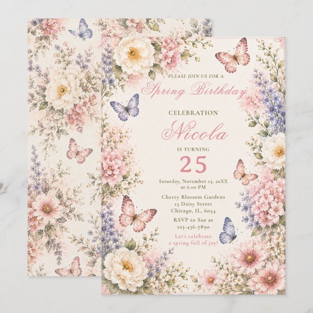 Invitation Anniversaire Papillon Floral (Devant / Derrière)