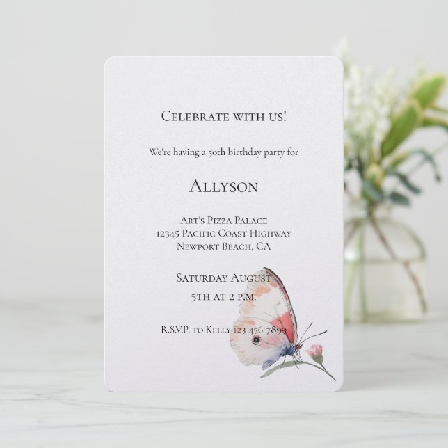 Invitation Anniversaire Papillon Floral Pêche Rosé (Debout devant)