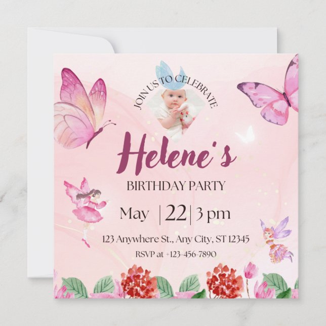 Invitation anniversaire papillon illustratif rose (Devant)