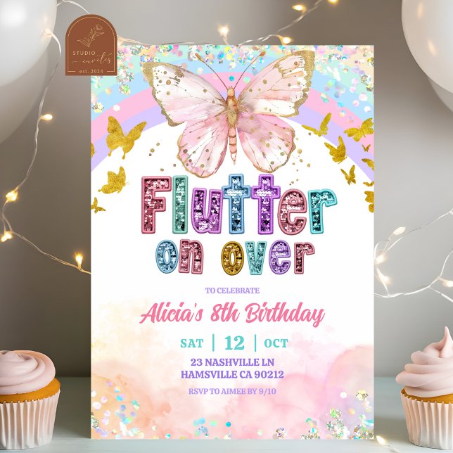 Invitation Anniversaire Papillon Magique Arc-en-ciel Pastel (Créateur téléchargé)