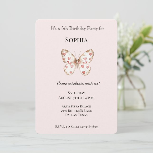 Invitation Anniversaire Papillon Mignon Rose Saumon Cœurs Rou (Debout devant)
