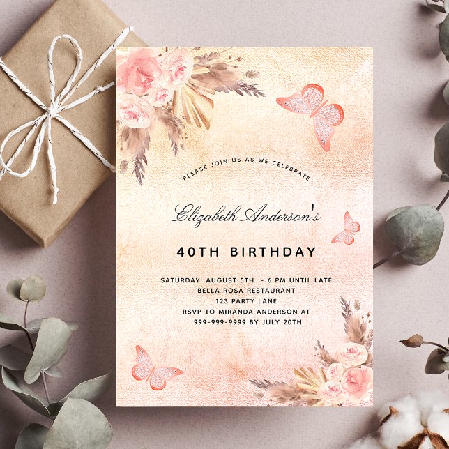 Invitation Anniversaire papillon pampas herbe blush boho (Créateur téléchargé)