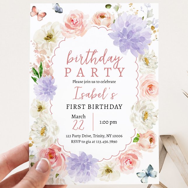 Invitation Anniversaire Papillon Rose Violet Pastel (Créateur téléchargé)