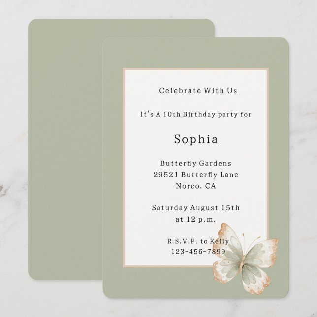 Invitation Anniversaire Papillon Vert Crème Brun  (Devant / Derrière)