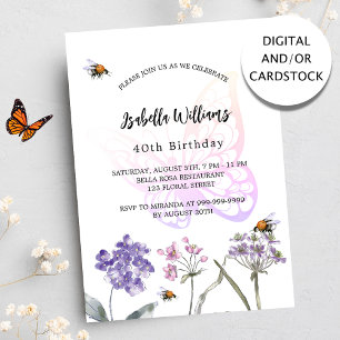 Invitation Anniversaire papillon violet fleur sauvage rose
