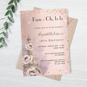 Invitation Anniversaire Paris rose or Tour Eiffel