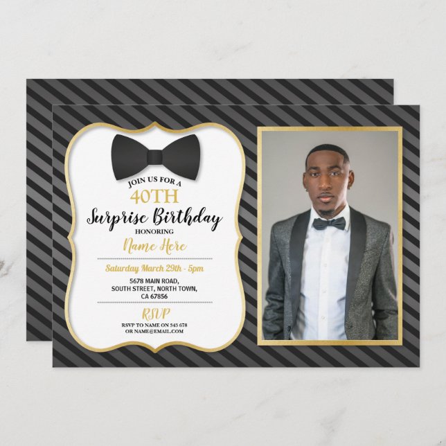 Invitation Anniversaire Partie Bowtie Black Cravate Hommes Fe (Devant / Derrière)