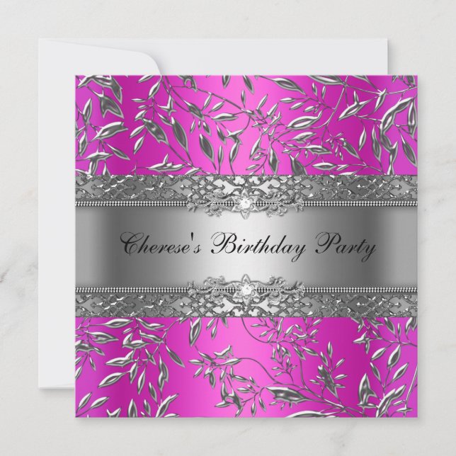 Invitation Anniversaire Partie Diamond Hot rose Floral Argent (Devant)