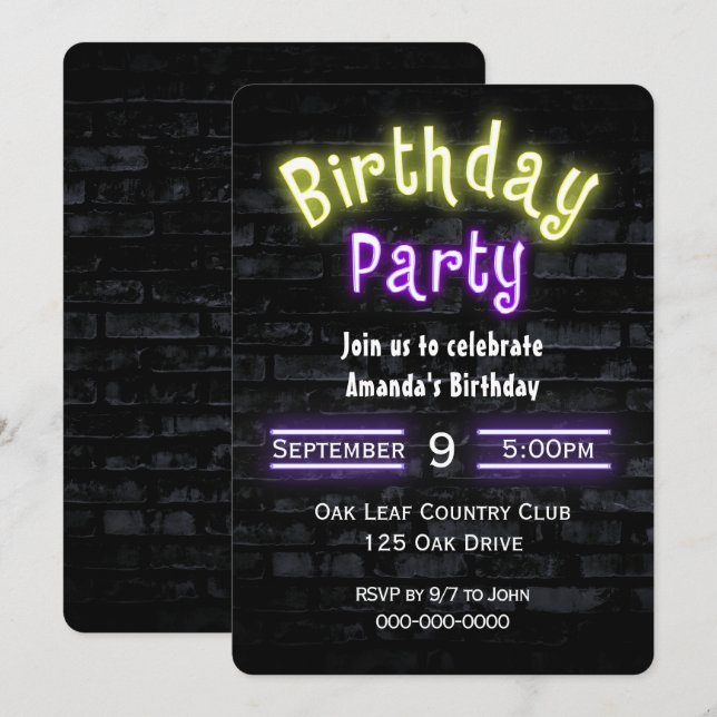 Invitation Anniversaire Party Neon Connexion Brick Wall (Devant / Derrière)