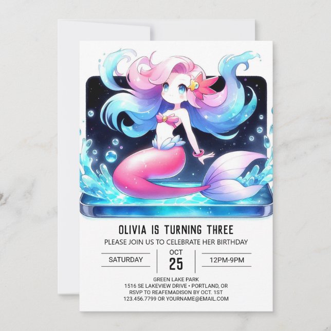 Invitation Anniversaire Pastel Mermaid sur mesure (Devant)
