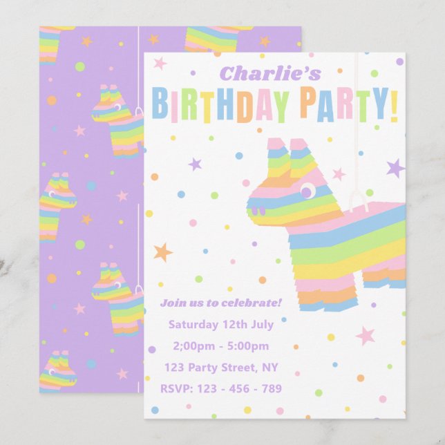 Invitation anniversaire Pastel Rainbow Piñata (Devant / Derrière)