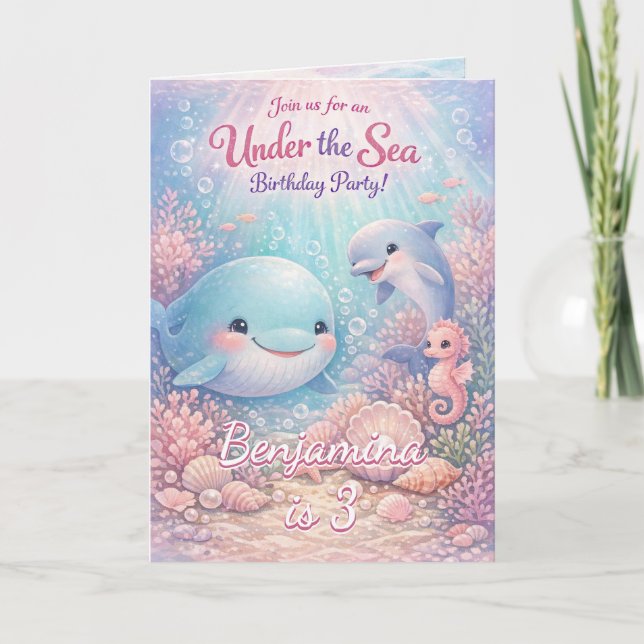 Invitation Anniversaire Pastel sous l'Océan Baleine Dauphin F (Devant)