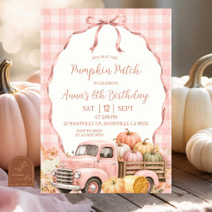 Invitation Anniversaire Patch Citrouille Gingham Rose Pâle