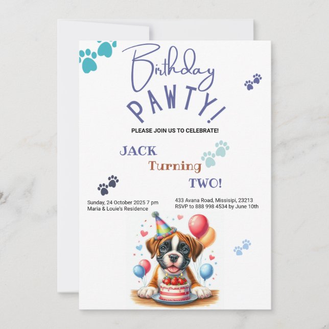 Invitation Anniversaire Pawty Boxer Chien Personnalisé Annive (Devant)