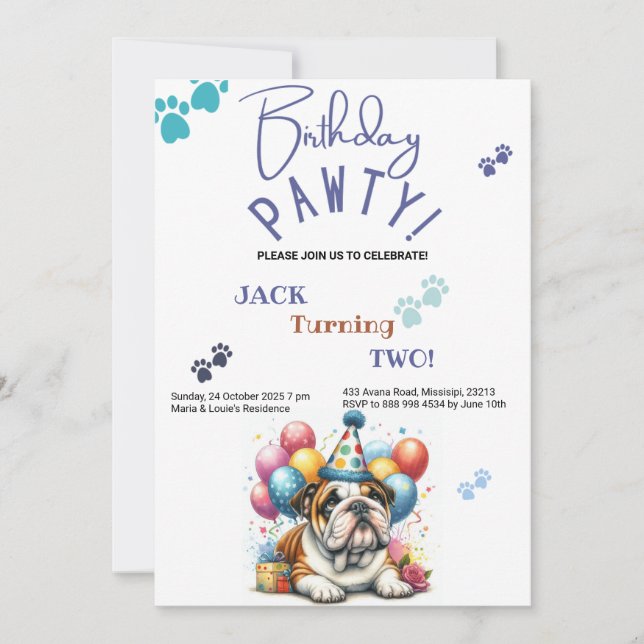 Invitation Anniversaire Pawty Bulldog Chien Personnalisé Anni (Devant)
