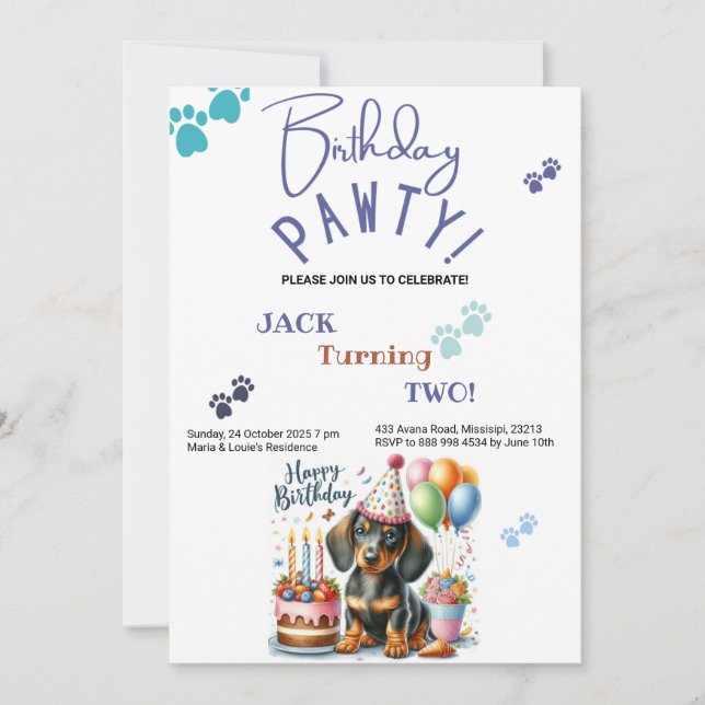 Invitation Anniversaire Pawty Dachshund Chien Personnalisé An (Devant)