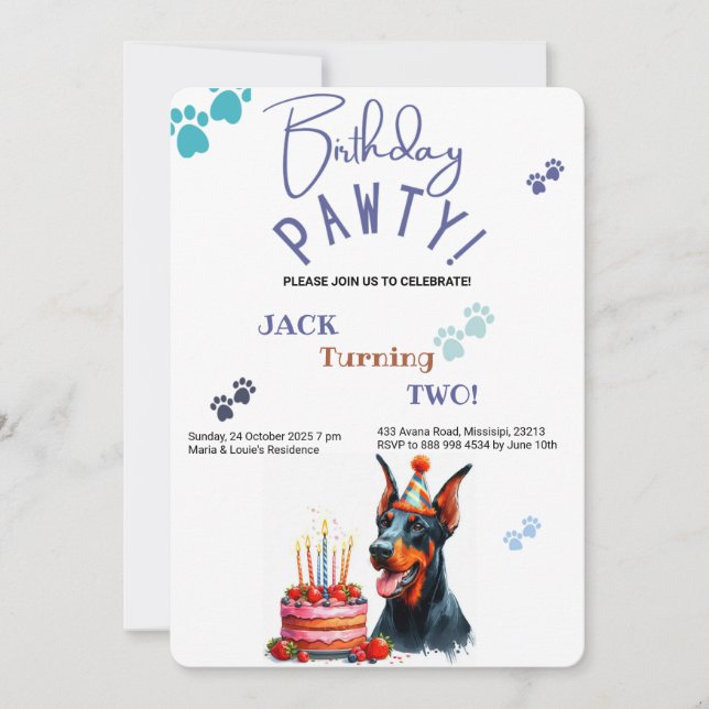 Invitation Anniversaire Pawty Doberman Pincher Chien Annivers (Devant)